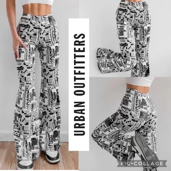 UO Urban Outfitters Newspaper Print Flare Black & White Pants | Retro Y2K Size M - Picture 1 of 11